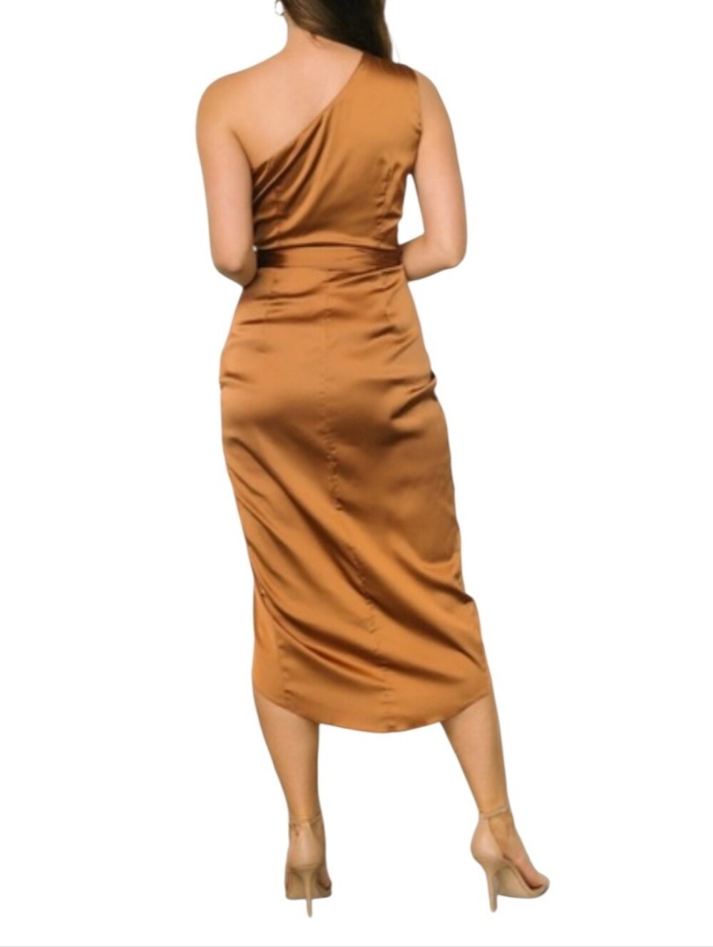 Baltic Born Celia One Shoulder Midi Dress Size M Bronze Satiny Belt Glam NEW - Picture 3 of 12